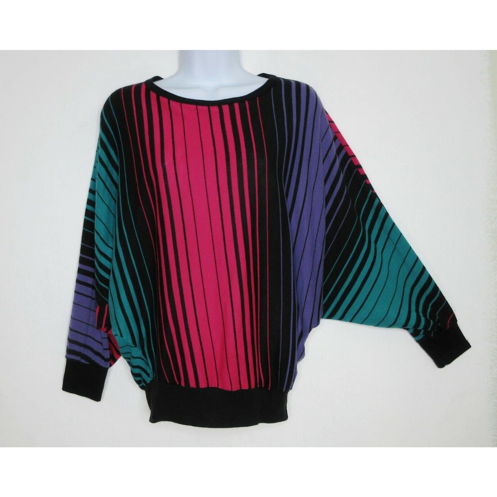 True Vintage 80s Womens S/M Striped Bat Wing Sleeve Knit Sweater Batwing Sm Med